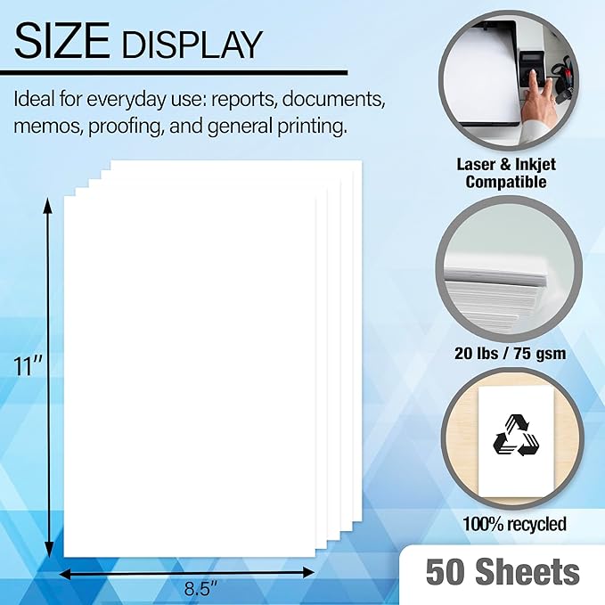 BAZIC Products Blank Paper Copy & Multipurpose Paper - 8.5" x 11" White Color Printer Paper for Inkjet, Laser, and Fax Machines, Ideal for Office, School, and Crafts, 50 Sheets/Pack, 50-Packs