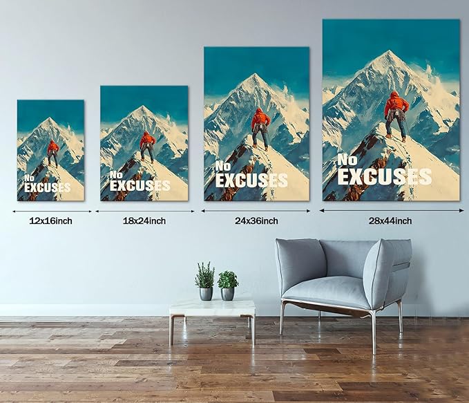 No Excuses Motivational Wall Art - Climber Canvas Print with Encouraging Quote, Inspirational Poster Snow Mountain Picture Wall Decor Inspiring Success Artwork for Office Home Gym, Framed 28"x44"