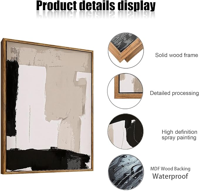 myusuar 3 Piece Large Modern Abstract Canvas Framed Wall Art For Living Room, Black And Beige Blocks Minimalist Wall Art Decor Posters Prints For Bedroom Office, 12x16in
