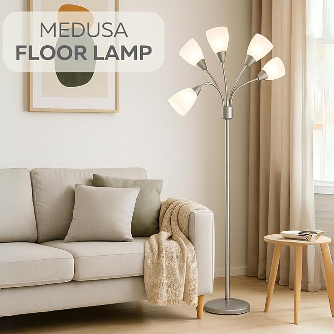 LIGHTACCENTS Medusa 5-Light Floor Lamp – Silver Multi-Head Standing Lamp w/ 5 Adjustable White Acrylic Shades for Bedroom, Living Room, Office