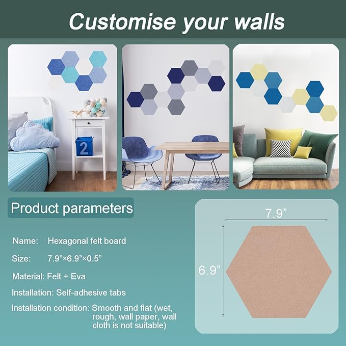 Felt Bulletin Board Tiles, 8 Pcs Hexagon Wall Tiles with Removable Adhesive, 7.9×6.9 Inch Cork Pin Board for Classroom, Home, Office (Set C, Middle)