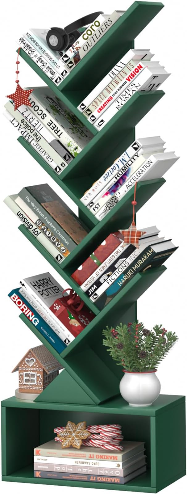 9 Tier Tree Bookshelf,Christmas Green Bookcase for Narrow Space, Storage Organizer Floor Standing Bookshelves for Books, Tall Book Case for Home Office, Living Room, Bedroom