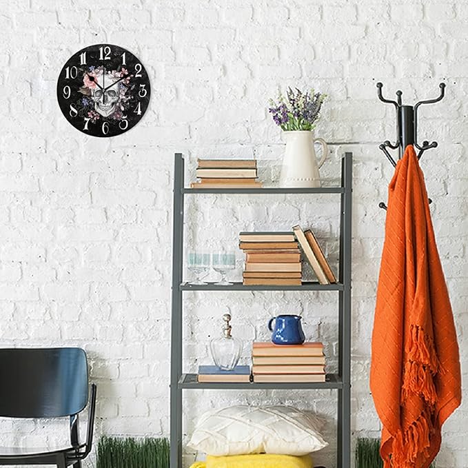 ALAZA Non-Ticking Silent Round Wall Clock, Sugar Skull Floral The Day of Dead Decor Clock for Home School Kitchen Bedroom Living Room