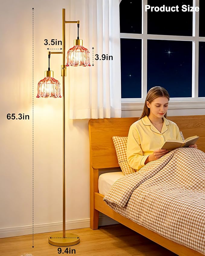 Lightdot 2-Light Gold Flower Floor Lamp, 65IN Rose Red Glass Floor Lamp with 3000K Warm White Bulbs, Modern Standing Tall Lamp for Living Room Bedroom Home Office Corner Sofa Beside