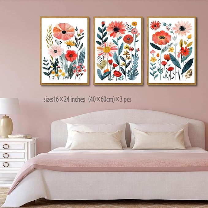 KISSFOX Framed Colorful Wildflower Canvas Wall Art Set Of 3 Flowers Pictures Prints Flowers Printing Floral Watercolors Flower wall Decor Living Room Girls Bedroom Bathroom