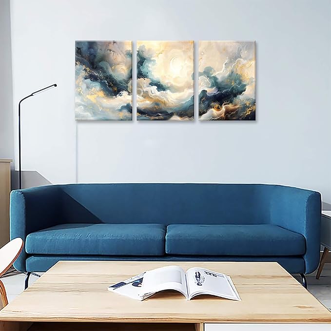 LYPHNX Framed Blue Abstract Fantasy Canvas Wall Art Minimalism Ink Painting Poster Set of 3 Modern ArtWork Navy Blue Gold Marble Prints Pictuer Wall Decor for Living room Bedroom Office Hotel 16"x24"