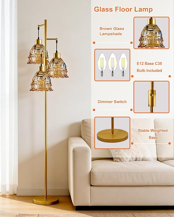 Lightdot 3-Lights Glass Floor Lamp Dimmable Gold Floor Lamps with Brown Glass Shade 3000K Bulbs Included Unique Modern Standing Tall Lamp for Living Room/Bedroom/Sofa Beside/Corner Decor