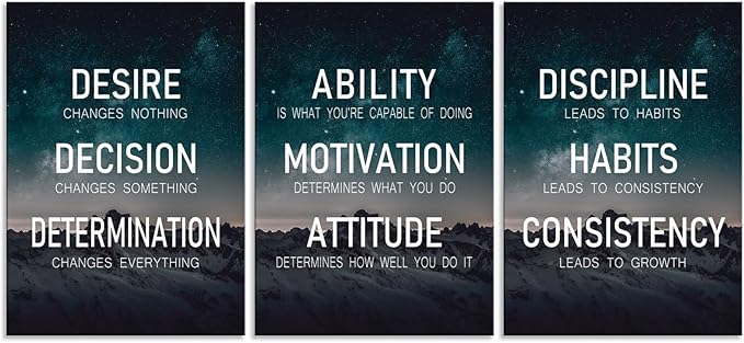 WYJDFART Set of 3 Motivational Wall Art “The Elements of Success:Discipline-Habits-Consistency-Attitude -Determination” Inspirational Wall Decor for Home Gym Bedroom Living Room [60''Wx 28''H]