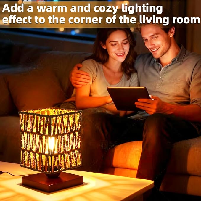Rattan Table Lamp, Boho Bedside Lamp Vintage Wooden Nightstand Nightlight, Rustic Bamboo Woven End Table Lamps, Handmade Woven Desk Lamp, Christmas Decor for Bedroom, Living, Room Study, Kids Room
