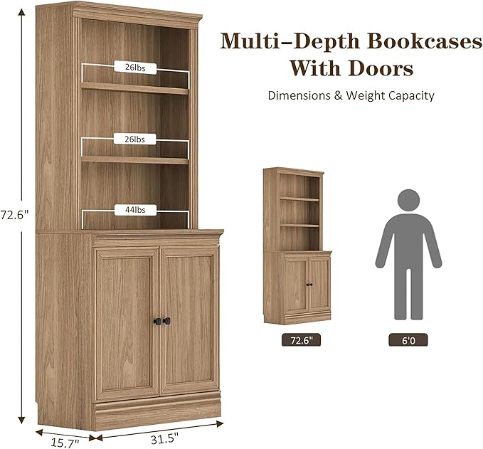 JAHRSTIM Halston Multi-Depth Bookcase, Adjustable Storage Shelving Unit with Doors for Home and Office Space, 31.5”L x 15.75”W x 72.8”H, Oak