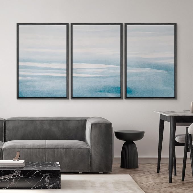 SIGNWIN 3 Piece Framed Canvas Wall Art Blue Sky Watercolor Nature Wilderness Illustrations Abstract Traditional Relax/Calm Home Artwork Decoration for Living Room,Bedroom - 24"x36"x3 Black