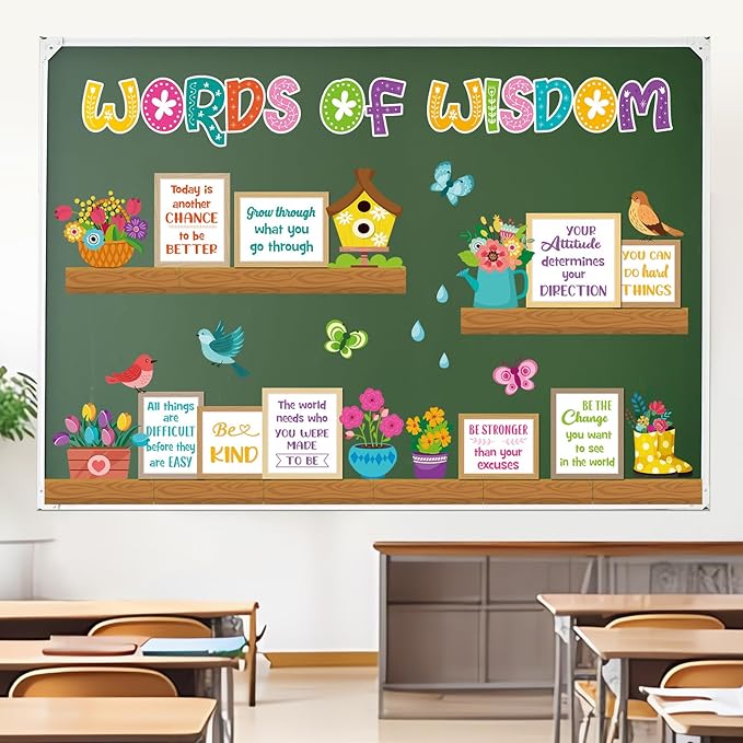 Supervitae 48 Pcs Spring Bulletin Board Decor Bookshelf Potted Plant Bulletin Board Set Colorful Motivational Cutouts Positive Saying Accents Signs for Back to School Supplies Wall Chalkboard Decor