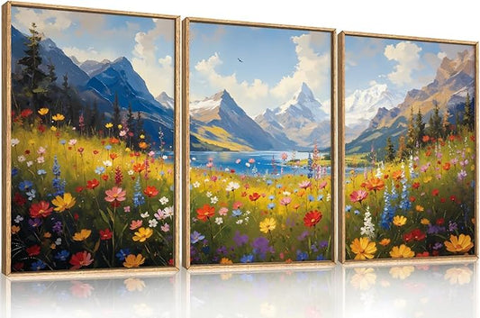 HOURIA Spring Boho Vibrant Watercolor Wildflower & Snowy Mountain Framed Canvas Wall Art Set,Colorful Floral Landscape Decor,Modern Natural Field Scenery Artwork for Living Room,Bedroom,Farmhouse-16"x24"x3