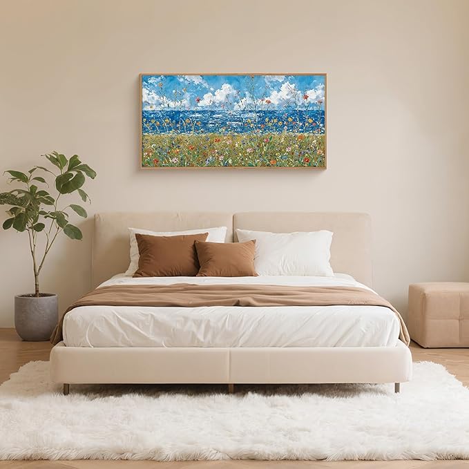 Large Blue Seaside Wildflower Framed Canvas Wall Art,Modern Nature Ocean Wall Decor,Rustic Sky Printing,White Cloud Landscape Artwork for Living Room,Bedroom,Dining Room-20"x40"x1