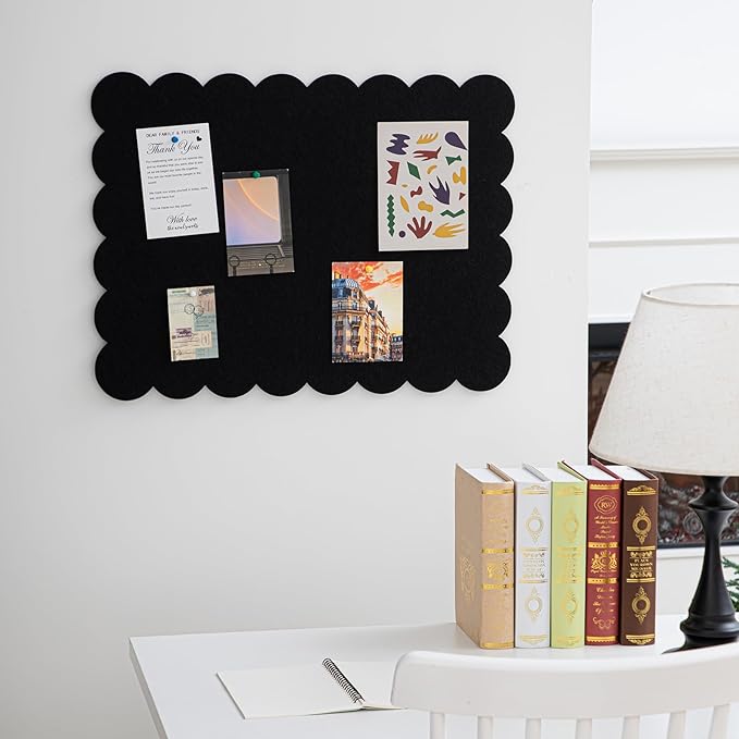 Scalloped Felt Bulletin Board 24 x 18 Inches Foldable Black Pin Cork Board Alternative for Wall, 2' x 1.5' Trifold Picture Vision Self Adhesive Bulletin Decorative