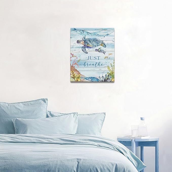 Ocean Sea Turtle Wall Art Nautical Just Breathe Pictures Wall Decor Beach Seaweed Canvas Coastal Painting Modern Artwork Home Decoration for Bathroom Living Room Bedroom Office Framed 16"x20"