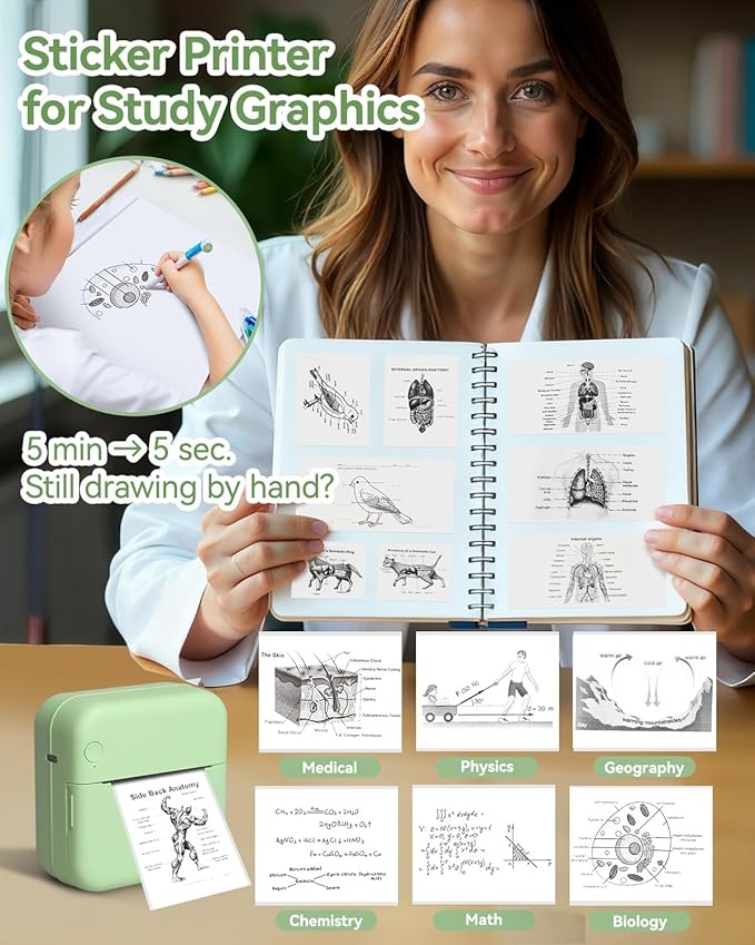 Aptika Mini Printer - Portable Sticker Maker with 14 Rolls Self-Adhesive Thermal Papers, Inkless Label Maker Machine for Study Anatomy Graphics Photos Address, Green