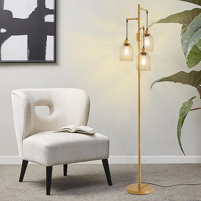 Dimmable Floor Lamp for Living Room, Farmhouse Floor Lamps with Elegant Hanging Cage, 3 x LED Edison Bulbs Included, 68.5" Industrial Standing Light for Bedroom Office Home Decor (Gold)