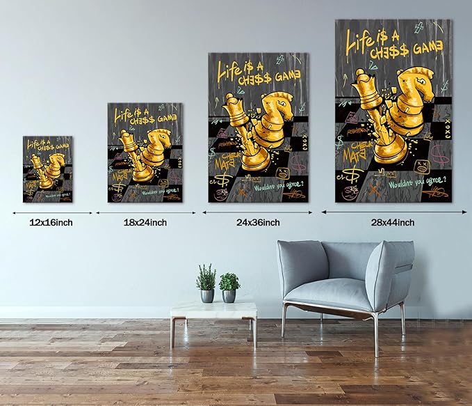 Inspirational Quotes Wall Art - Chess Pictures Wall Decor Motivational Canvas Print LIFE IS A CHESS GAME Positive Poster Modern Office Canvas Painting Black Gold Artwork Framed for Home, 28" x 44"