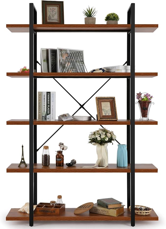 BATHWA Wood and Metal Minimalist 5 Tier Bookshelf, 6 feet Tall Open Rustic Wide Bookcase Industrial Style, Modern Wooden Big Book Shelf for Home Living Room Bedroom Office Storage, Rustic Brown