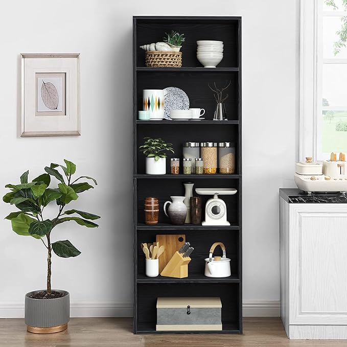 oneinmil Bookcase and Bookshelf, Floor Standing 6-Tier High Bookshelf, Display Storage Rack, Home Decorative Furniture, Suitable for Home Offices, Living Rooms, and Bedrooms,Black