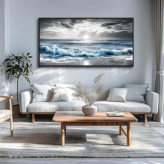KELIYUAN Wall Decor For Living Room Canvas Wall Art For Bedroom Office Black And White Pictures Beach Wave Scenery Murals Artwork For Modern Stretched and Framed Beach Posters Home Decor 20"X40"