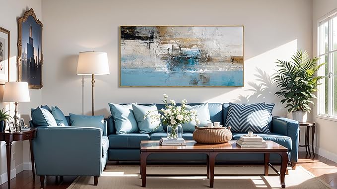 Wall Art Abstract Canvas Painting Blue Fantasy Colorful Wall Decor Modern Artwork for Living Room Bedroom Dining Room Home Office Decor 20"x40" with Framed