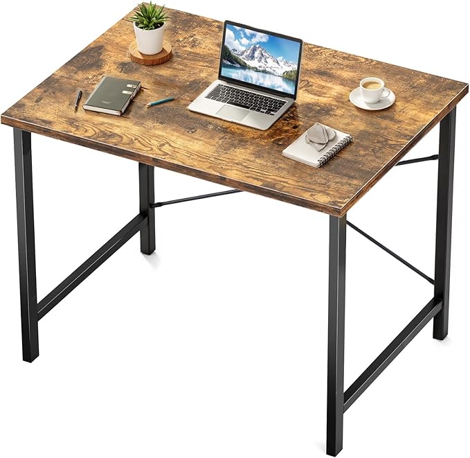 Sweetcrispy Small Computer Desk,31 Inch Office Writing Work Desk with Metal Frame Wooden Tabletop, Student Study Home Bedroom Table with X-Shaped Reinforcement, Brown