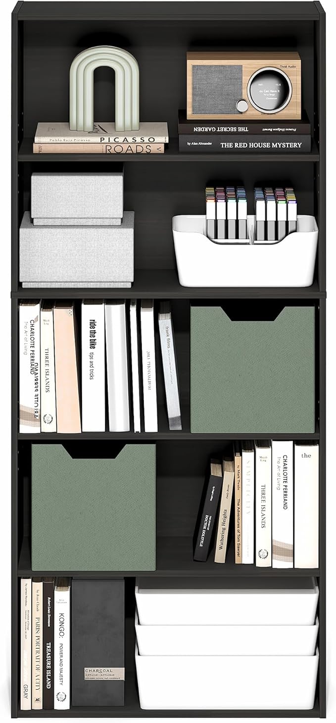 Furinno Jaya Book Shelf, 5-Tier Bookshelf, 52 Inch Tall Standing Bookcase with Adjustable Shelf, 9.5 x 23.6 x 52.6, for Home Office, Bedroom, Living Room, Espresso