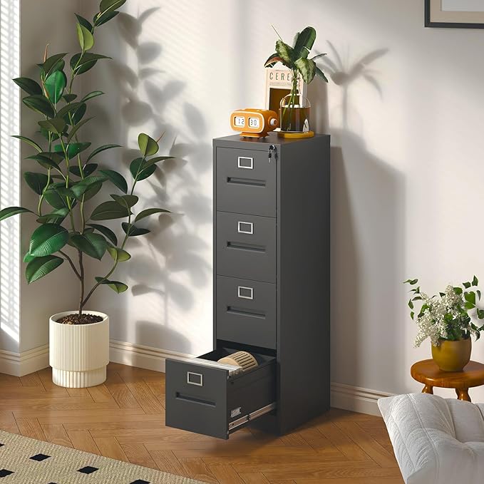 4 Drawer Filing Cabinet with Lock and Card Slot, Locking Vertical File Cabinet for Home Office, Small Metal File Cabinets for Hanging Legal Letter File Folders, Assembly Required(Black)