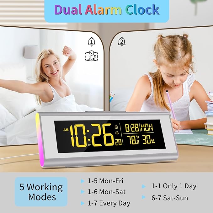 Alarm Clocks for Bedrooms, LED Desk Clock with RGB Night Light, Brightness Dimmer, Date, Week, Temperature Large Display, Modern Decor for Desk, Office, Gift for Kids, Teen, Adults (Silver)