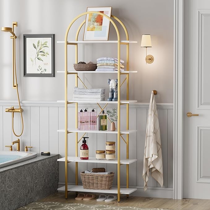 6 Tier Bookshelf, 83" Tall Arched Bookcase, Tall Book Shelf with Metal Frame, Modern Display Standing Shelf for Living Room, Home Office, Bedroom, Gold