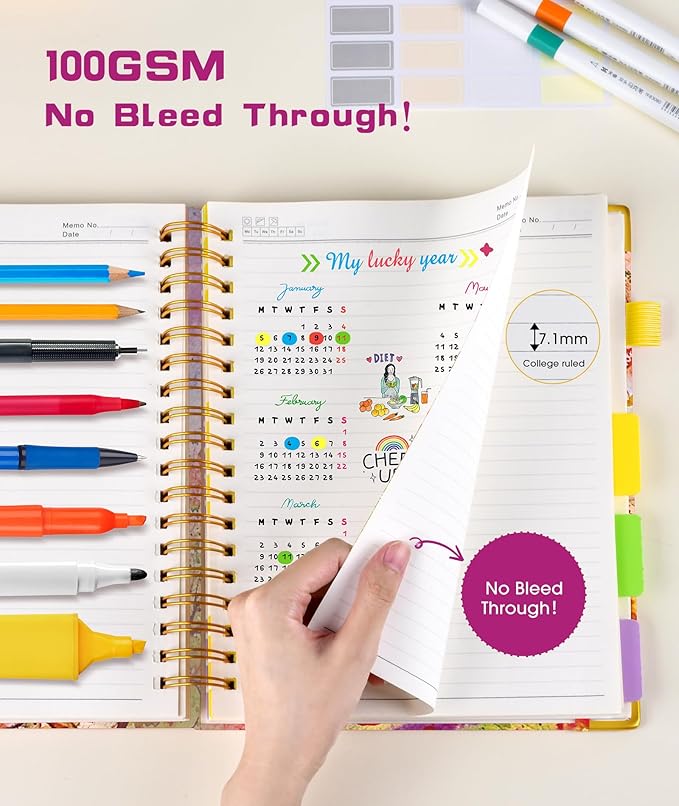 Hardcover Spiral Notebook Journal with Removable Dividers Tabs, 300 Pages 5 Subject Notebook College Ruled, 100GMS Notebooks for Work School Note Taking,Lined Journal for Women,Autumn Tree