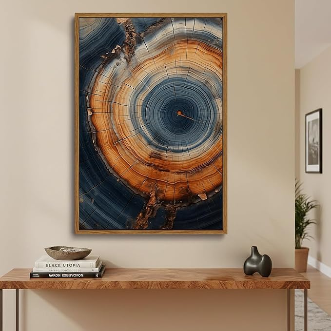 IBHJSART Framed Tree Ring Canvas Wall Art Vintage Colorful Wood Stump Painting Prints Modern Minimalist Pictures Neutral Nature Rustic Farmhouse Decor Living Room Bedroom Bathroom Office