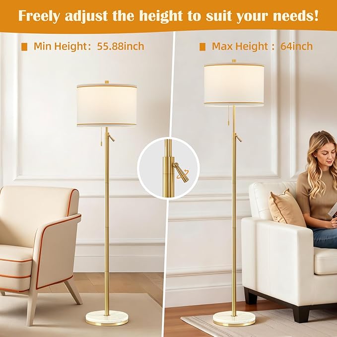 GyroVu Marble Floor Lamp for Living Room, Adjustable Height Standing Lamp with Marble Base Tall Lamp with White Shade Floor Lamps for Bedroom & Office Bulbs Not Included(Gold)