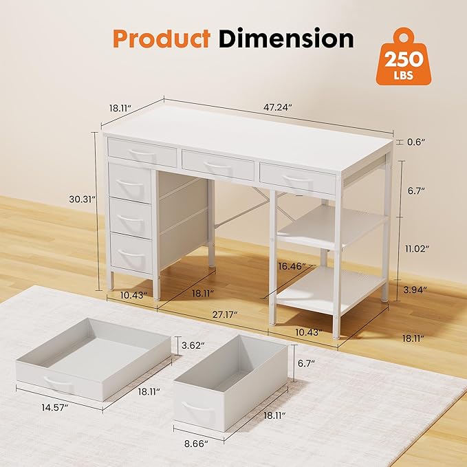 Sweetcrispy 47" Computer Desk with 6 Drawers, Home Office Gaming Desks with Storage Shelves for Bedroom, Writing Study Corner Living Room Work Table White