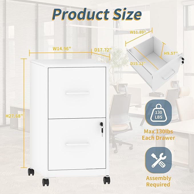 2 Drawer File Cabinet on Wheels, Mobile Filing Cabinets with Lock, Metal Storage Cabinet, Vertical Filing Cabinets for Home Office, Rolling File Cabinets for Under Desk,Amssebly Required,White