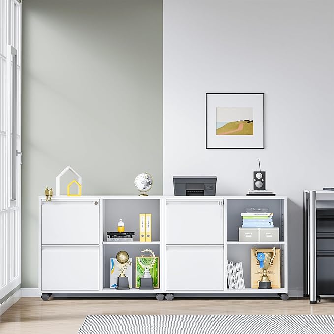 Yizosh 2-Drawer Metal File Cabinet with Lock, Mobile Lateral Filing Cabinet, Printer Stand with Adjustable Storage Shelves for Home Office (White)
