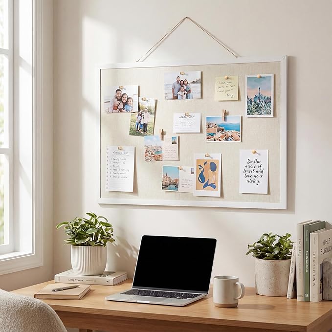 Cork Board with Linen, 24" x 18" Double-Sided Bulletin Board Corkboard for Wall Picture Display Framed Vision Boards for Home Office School Pin Boards with 20 Pushpins &10 Clips