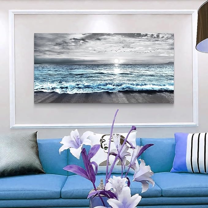 Canvas Wall Art For Living Room Wall Decorations For Bedroom Office Wall Decor Black And White Wall Painting Blue Ocean Sea Wave Pictures Artwork For Modern Framed Beach Posters Home Decor 20"X40"