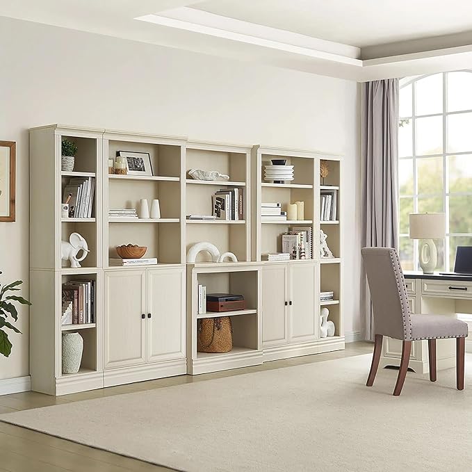 JAHRSTIM Halston Standard with Doors Bookshelves and Bookcase Floor Standing 5 Tier Adjustable Shelves Organizer and Storage, 72in Tall Bookshelf for Home Office, Living Room, Bed Room, Kitchen, Cream