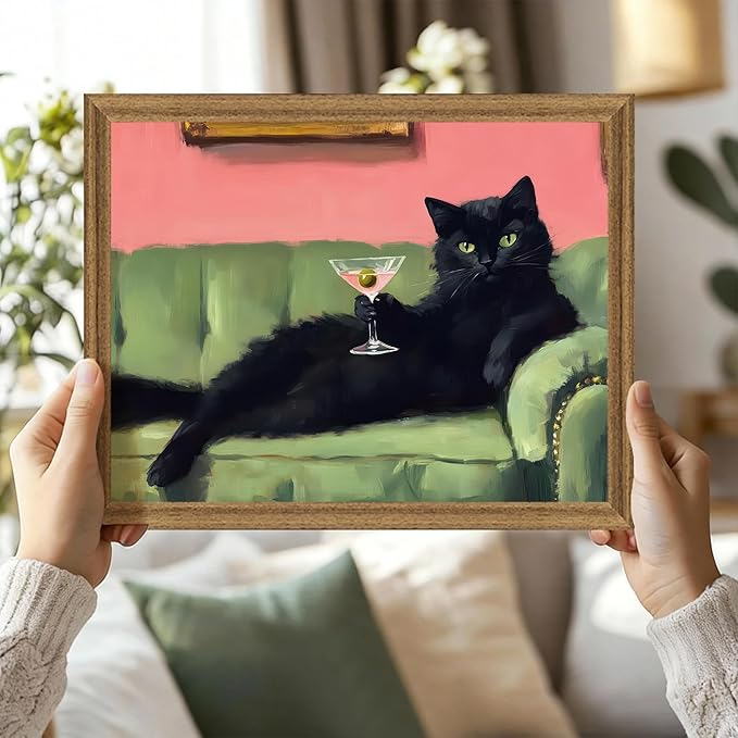 Fantasy Artists Humorous Black Cat Character Wall Art – Relaxed Anthropomorphic Illustration with Playful Attitude, Framed Canvas for Living Room, Office or Creative Space, 8W X 10H