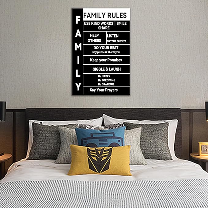 Inspirational Canvas Wall Art Motivational Poster Wall Decor for Home Positive Family Rules Quotes Poster Print Artwork for Modern Bedroom Bathroom Living Room Stretched and Framed [12''Wx18''H]