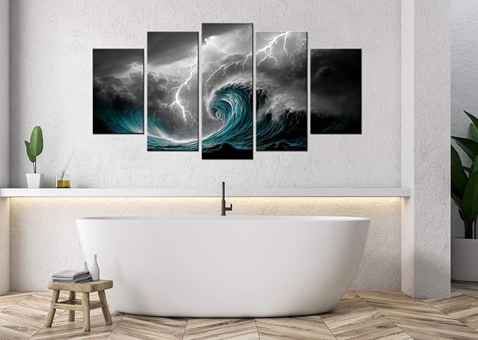 Biuteawal 5 Panel Black White Canvas Print Storm Sea Wall Art Blue Ocean Wave Seascape Pictures Nature Lightning Artwork Cool Nature Painting Poster Prints Stretched Framed Modern Home Living Room