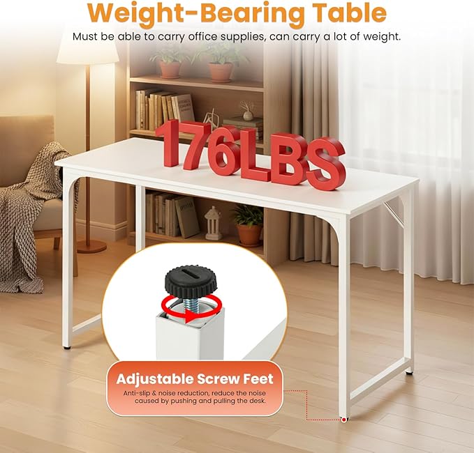 Dkelincs 47 Inch Computer Desk Home Office Desk Gaming Writing Desk Modern Simple Style Study Work Table with Metal Frame, Large Legroom, Adjustable Feet, Water-Resistant, Scratchproof Surface, White