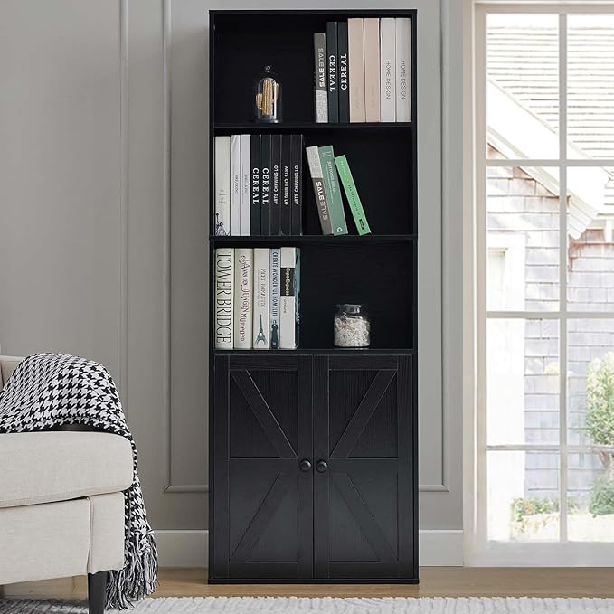 Black 5-Tier Bookshelves for Living Room, Farmhouse Tall Bookcase with Doors, Wooden Bookshelf with Storage Cabinet and Shelves for Living Room, Home Office