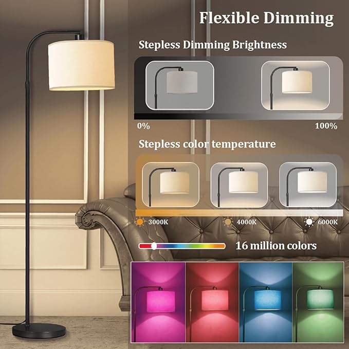 Black Floor Lamp with Remote Control, 1200 Lumens Adjustable Height Arc Floor Lamps for Living Room, Black Standing Lamp Dimmable for Bedroom, Office, LED Smart Bulb Included