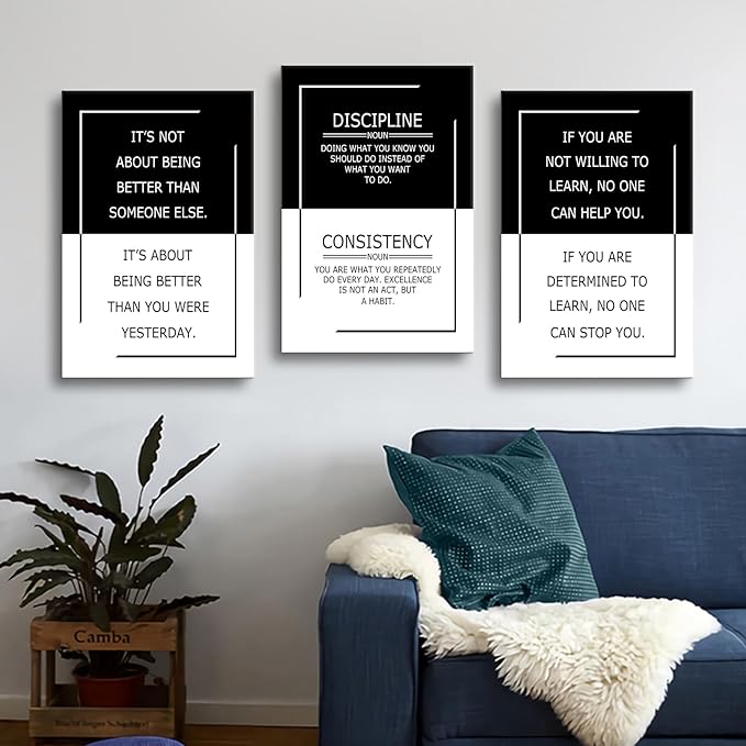 Inspirational Wall Art 3 Piece Black and White Success Quote Office Decor Motivational Poster Canvas Prints Artwork for Living Room Modern Home Painting Pictures Stretched and Framed[48''Wx 24''H]