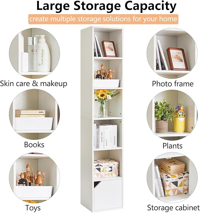 IBUYKE 6 Tier Narrow Bookcase with Doors, Cube CD DVD Storage Cabinet,Slim Media Tower Rack,Cabinet,White Bookcase Display Storage Shelves for Small Spaces,for Home Office White UWBC001W