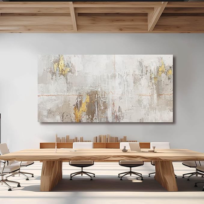 VAYIMDH Minimalist Wall Decor White with Gold Canvas Wall Art Grunge Posters Modern Abstract Paintings for Living Room Bedroom Dining Room 29"x 58"